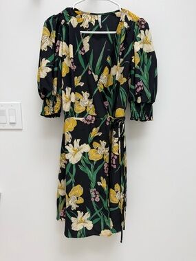 Mango Floral Wrap Dress in Black and Yellow